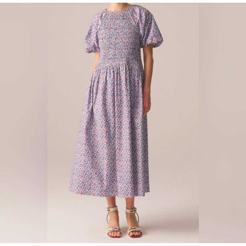 J.Crew Smocked Midi Meadow Dress in Poppy Womens XL Floral Cotton Puff Sleeve